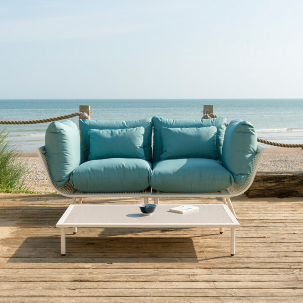 Alexander Rose Beach Shell Aluminium 2 Seater Garden Lounge Set with Blue Cushions