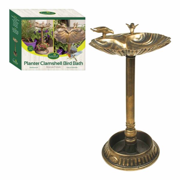 Gardenkraft Clam Shell Outdoor Bird Bath With Built-in Base Plant - Brown