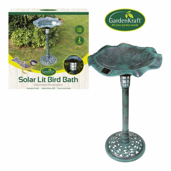 Gardenkraft Solar Lit Outdoor Bird Bath - Green