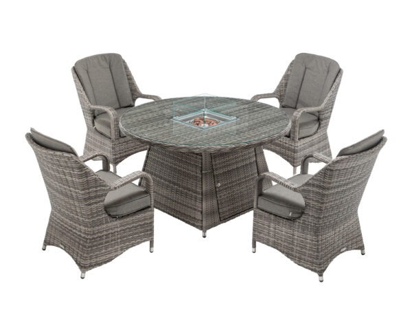 Marseille 4 Rattan Garden Chairs & Round Fire Pit Dining Table in Grey