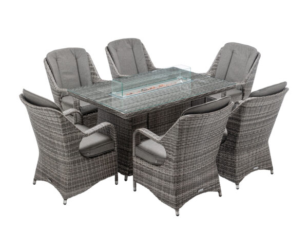 Marseille 6 Rattan Garden Chairs & Rectangular Fire Pit Dining Table in Grey