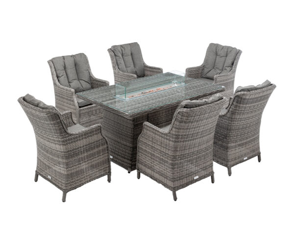 Riviera 6 Rattan Garden Chairs & Rectangular Fire Pit Dining Table in Grey - Riviera