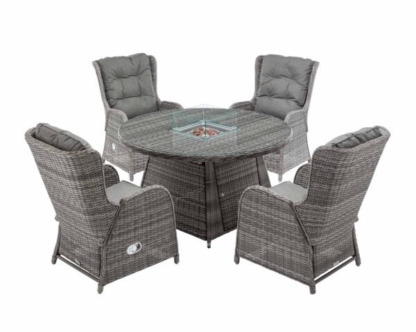 4 Reclining Rattan Garden Chairs & Round Fire Pit Dining Table in Grey - Fiji - Rattan Direct