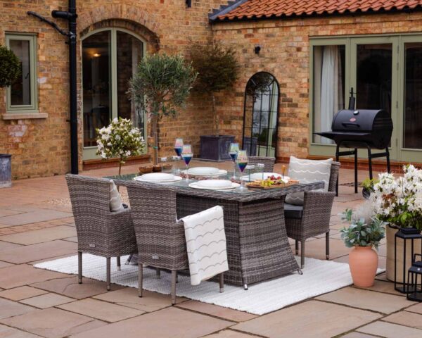 4 Seat Rattan Garden Dining Set With Rectangular Table in Grey With Fire Pit - Cambridge - Rattan Direct