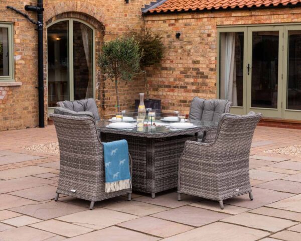 4 Seat Rattan Garden Dining Set With Square Table in Grey With Fire Pit - Riviera - Rattan Direct