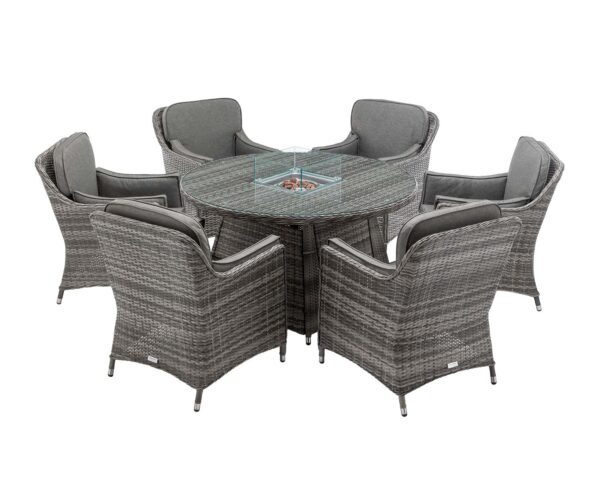 6 Seat Rattan Garden Dining Set With Round Table in Grey With Fire Pit - Lyon - Rattan Direct
