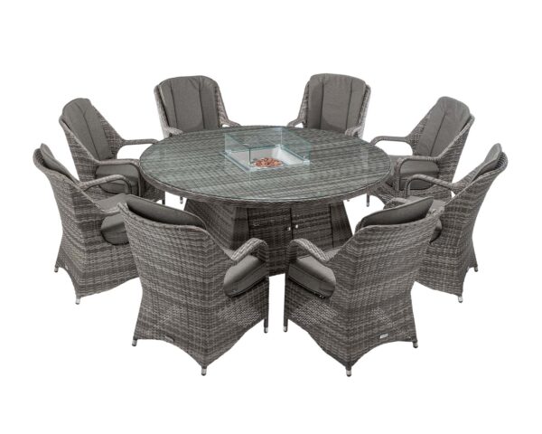 8 Seater Rattan Garden Dining Set With Large Round Table in Grey With Fire Pit - Marseille - Rattan Direct
