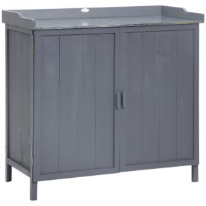 Outsunny Garden Storage Cabinet Potting Bench Table with Galvanized Top Grey