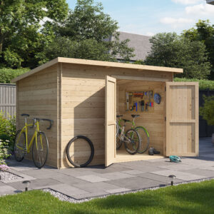 10 x 8 Pressure Treated Log Cabin - BillyOh Pent Log Cabin Windowless Heavy Duty Bike Store Range - 10x8 Log Cabin Shed Double Door - 19mm