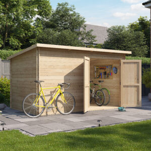 12 x 8 Pressure Treated Log Cabin - BillyOh Pent Log Cabin Shed Windowless Heavy Duty Bike Store Range - 12x8 Log Cabin Double Door - 28mm