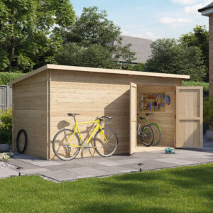 14 x 8 Pressure Treated Log Cabin - BillyOh Pent Log Cabin Windowless Heavy Duty Bike Store Range - 14x8 Log Cabin Shed Double Door - 28mm